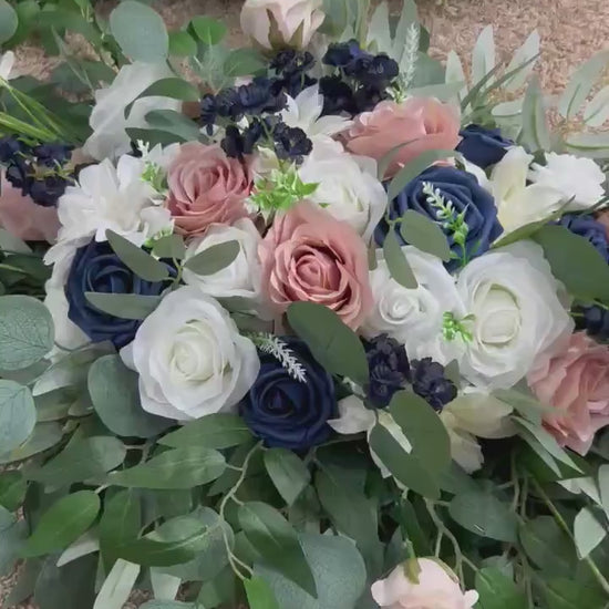 Navy Blue Dusty Rose Arch Arrangements, Wedding White Dark Blue Blush Pink Arbor Arrangement, Eucalyptus Floral Swag, Ceremony Backdrop