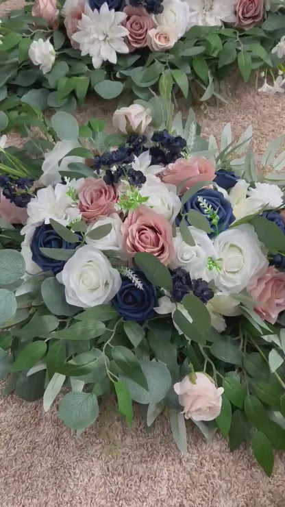 Navy Blue Dusty Rose Arch Arrangements, Wedding White Dark Blue Blush Pink Arbor Arrangement, Eucalyptus Floral Swag, Ceremony Backdrop