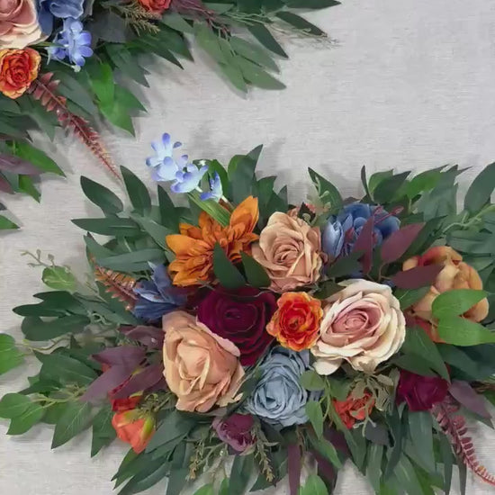 Burgundy Terracotta Arch Arrangement Wedding Rustic Burnt Orange Dusty Blue Arbor Arrangement Flowers Artificial Rust Maroon Eucalyptus