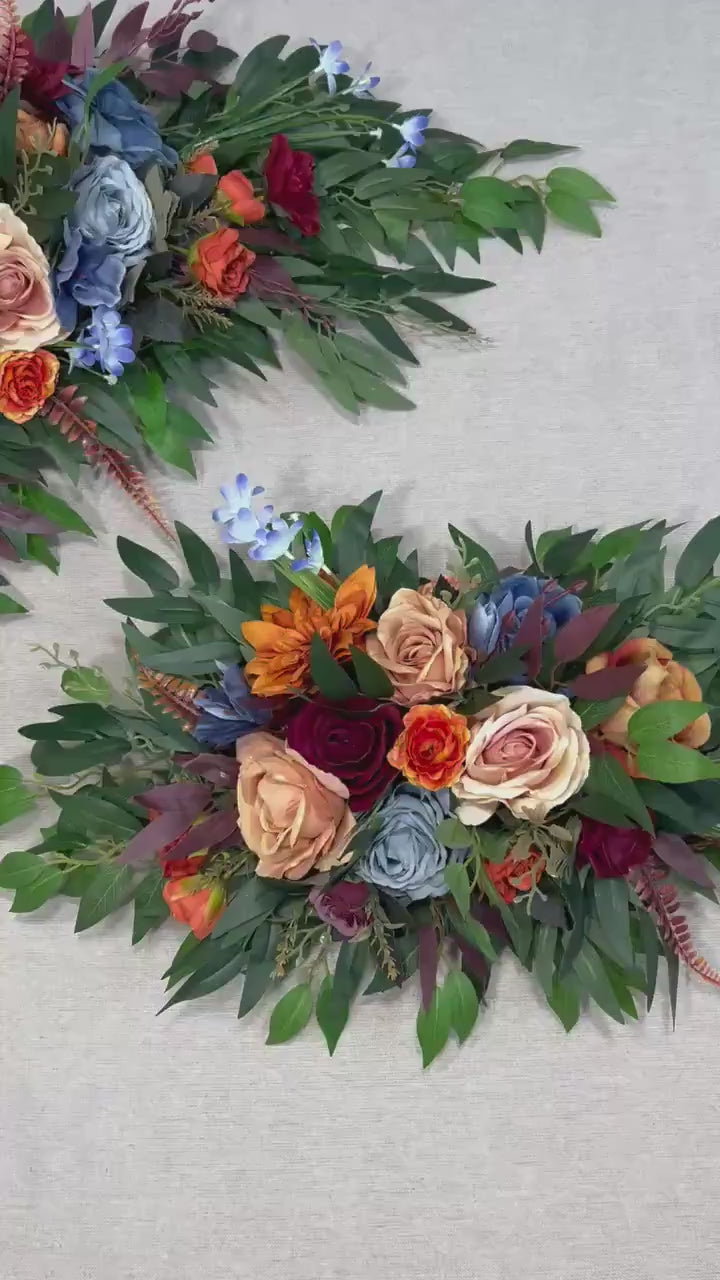 Burgundy Terracotta Arch Arrangement Wedding Rustic Burnt Orange Dusty Blue Arbor Arrangement Flowers Artificial Rust Maroon Eucalyptus