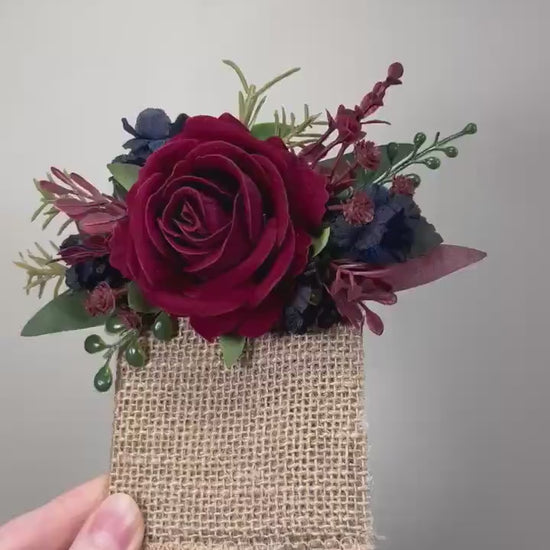 Burgundy Navy Blue Pocket Boutonniere Wedding Groom Square Boutonniere Maroon Rose Burgundy Dark Blue Rustic Prom Artificial Flower