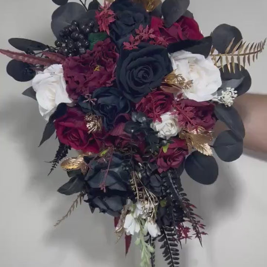 Wedding Cascade Bouquet Burgundy Black White Halloween Bridesmaid Bridal Cascading Bouquet Gothic Wedding Gold Bouquet Flower Artificial