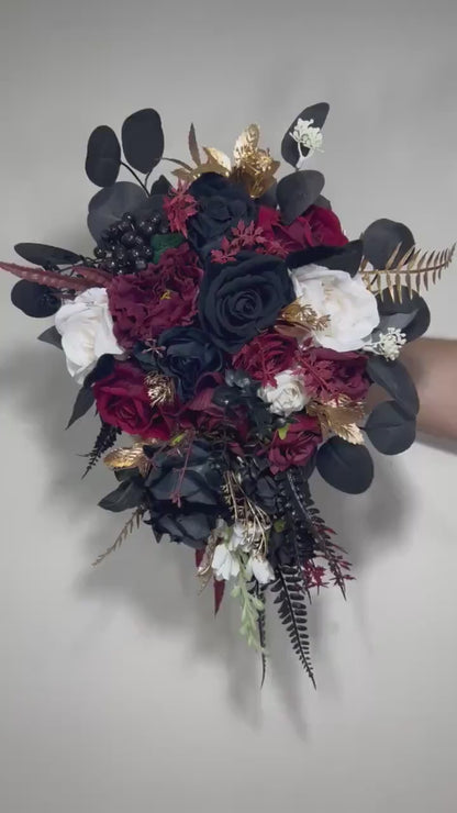 Wedding Cascade Bouquet Burgundy Black White Halloween Bridesmaid Bridal Cascading Bouquet Gothic Wedding Gold Bouquet Flower Artificial