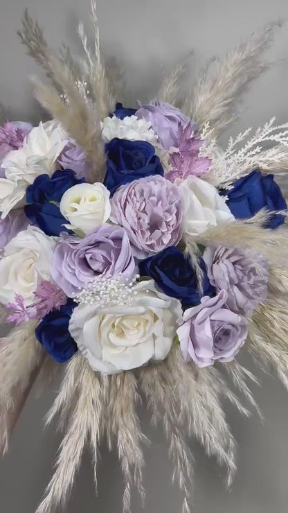 Purple Blue Bouquet Wedding Bridal Royal Blue Lavender Bouquet Bridesmaids Navy Blue Purple Boho Pampas Grass