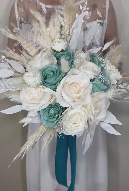 Wedding Teal Bouquet White Boho Bridal Ivory Wedding Teal Bouquet Blue Pampas Grass White Decor Bunny Tails Artificial Flower