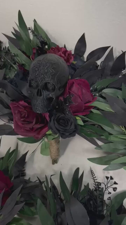 Gothic Skull Wedding Bouquet, Burgundy Black Green Bridal Bouquet, Dark Gothic Black Skull Flowers, Halloween Bride Bouquet Dark Red Black