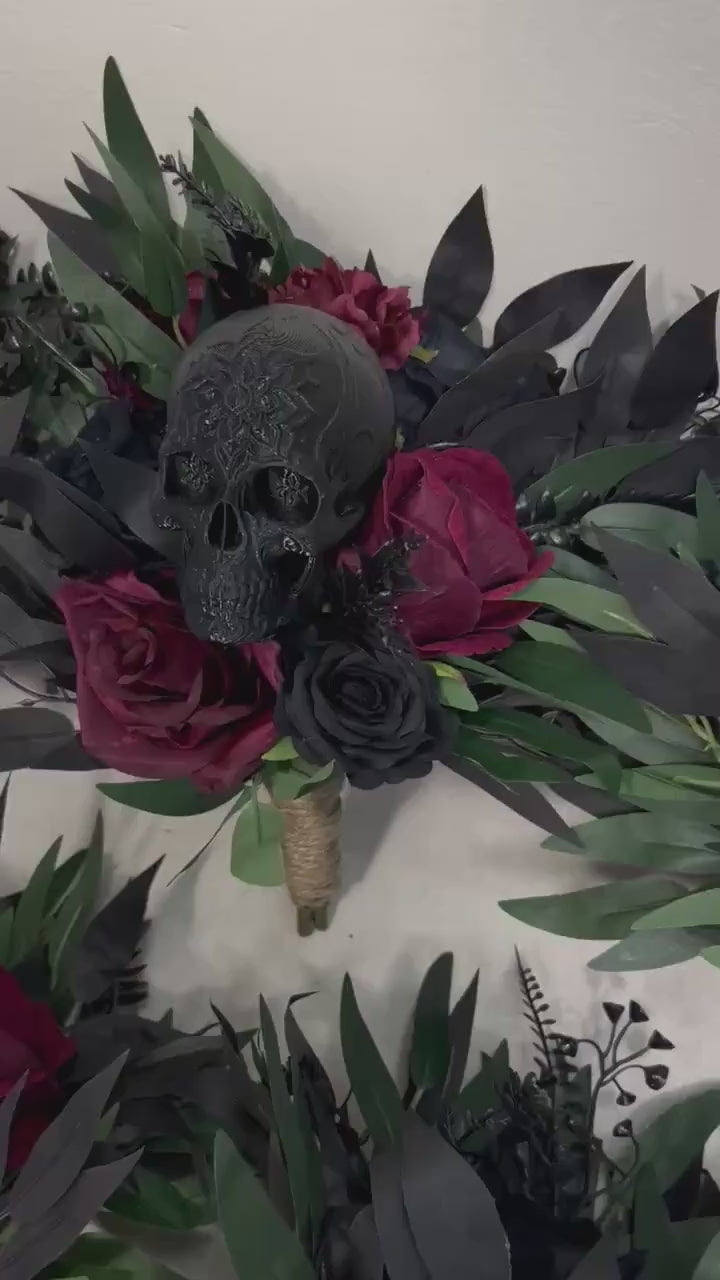 Gothic Skull Wedding Bouquet, Burgundy Black Green Bridal Bouquet, Dark Gothic Black Skull Flowers, Halloween Bride Bouquet Dark Red Black
