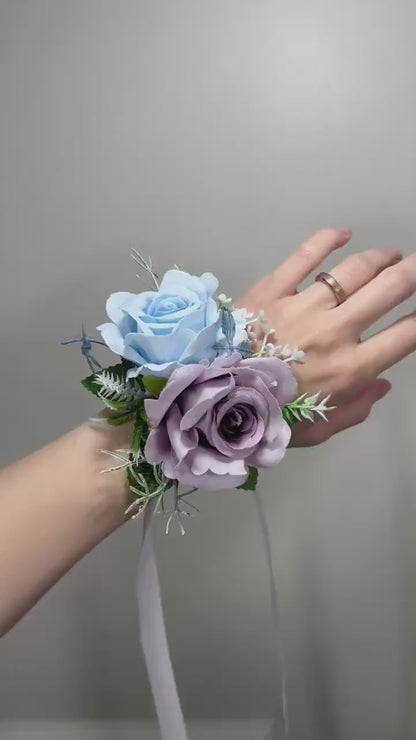 Wedding Blue Corsage White Wedding Wrist Corsage Purple Bridesmaids Dusty Blue Light Corsage Purple Mom Corsage Artificial Flowers