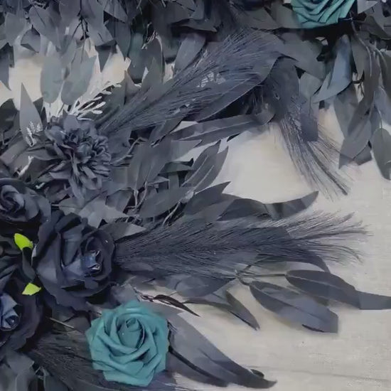 Black Arch Arrangement Black Teal Arch Aisle Arrangement Halloween Decor Gothic Black Dark Teal Arch Arrangement Black Teal