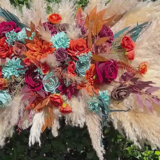 Turquoise Burgundy Arch Arrangement Wedding Boho Burnt Orange Terracotta Pampas Grass Arbor Arrangement Teal Blue Rust Swag Backdrop