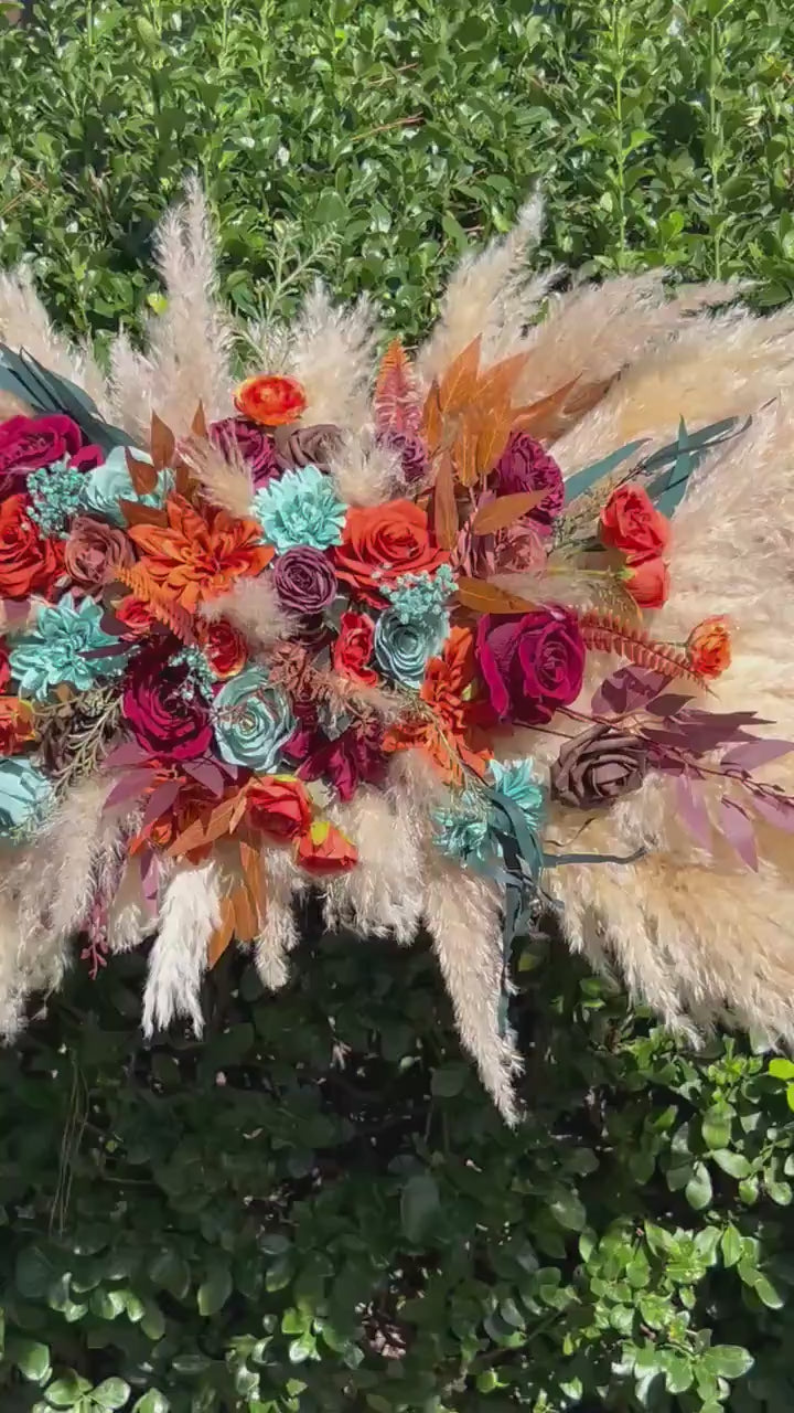 Turquoise Burgundy Arch Arrangement Wedding Boho Burnt Orange Terracotta Pampas Grass Arbor Arrangement Teal Blue Rust Swag Backdrop