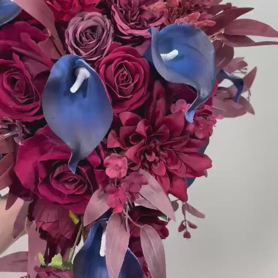 Burgundy Navy Blue Bouquet Wedding Cascade Bouquet Bridal Burgundy Navy Blue Calla Lily Bouquet Cascading Bouquet Maroon Dark Blue Wine Red