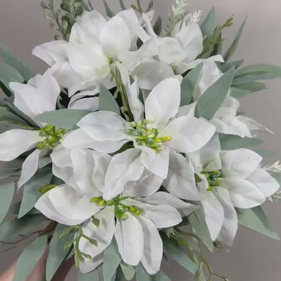 White Poinsettias Bouquet Wedding Bridal White Christmas Bouquet Bridesmaids Poinsettias Greenery Sage Winter Artificial Flower