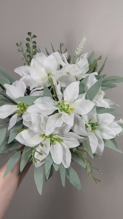 White Poinsettias Bouquet Wedding Bridal White Christmas Bouquet Bridesmaids Poinsettias Greenery Sage Winter Artificial Flower