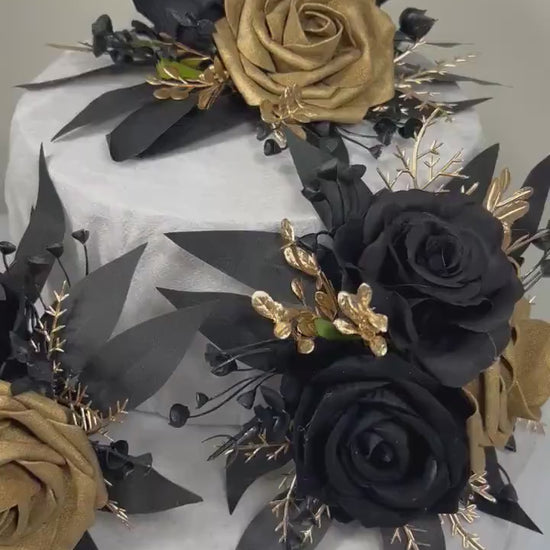 Black Cake Decoration Wedding Cake Flower Topper Gold Black Decor Attificial Flower Cake Arrangement Black Gold Cake Topper Flower Gothic
