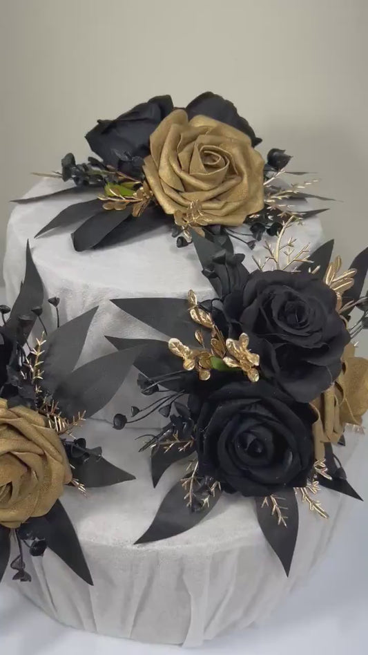 Black Cake Decoration Wedding Cake Flower Topper Gold Black Decor Attificial Flower Cake Arrangement Black Gold Cake Topper Flower Gothic