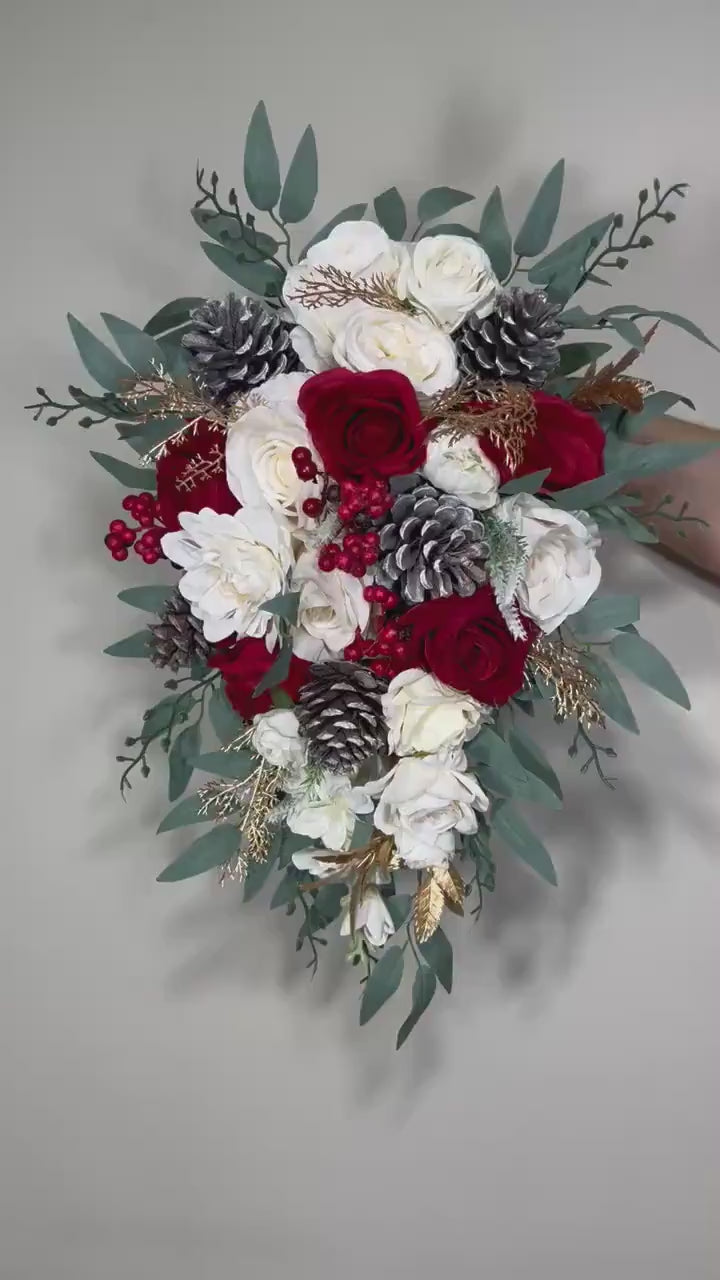 Wedding Cascade Christmas Bouquet Cascading White Winter Red Christmas Bridal Ivory Rustic Bridesmaids Bouquet Gold Christmas Tree Pine Cone