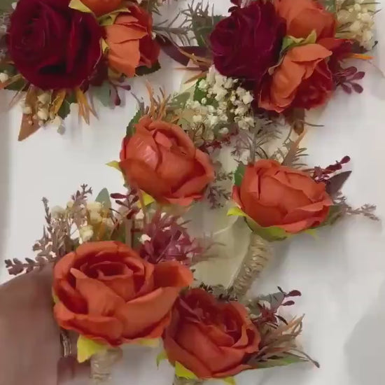 Burgundy Terracotta Corsage, Wedding Fall Wrist Corsage, Burnt Orange Dark Red Bridesmaid Corsage, Artificial Flowers Wristband