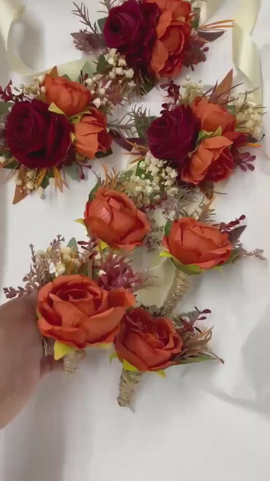 Burgundy Terracotta Corsage, Wedding Fall Wrist Corsage, Burnt Orange Dark Red Bridesmaid Corsage, Artificial Flowers Wristband