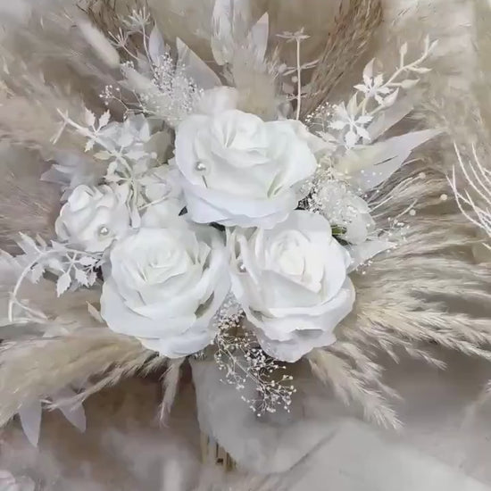 White Boho Bouquet Wedding Bridal Pampas Grass Bouquet Ivory Baby Breath Bridesmaids Bouquet Pearls White Rose Bouquet Artificial Flowers