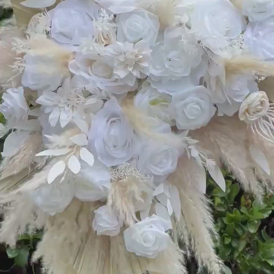 White Boho Arch Arrangements Pampas Grass Ivory Palm Leaves Arbor Arrangement Beige Ceremony Arch White Backdrop Flowers Dried Pampas Grass