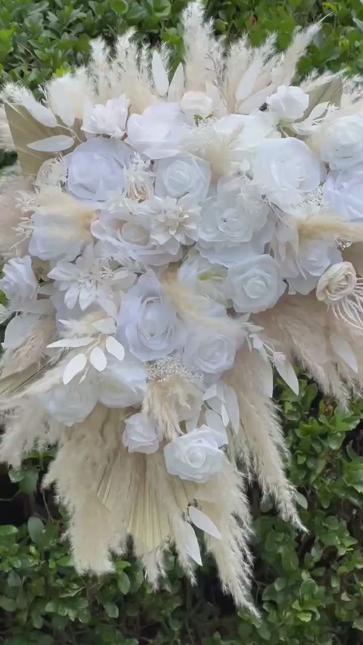 White Boho Arch Arrangements Pampas Grass Ivory Palm Leaves Arbor Arrangement Beige Ceremony Arch White Backdrop Flowers Dried Pampas Grass