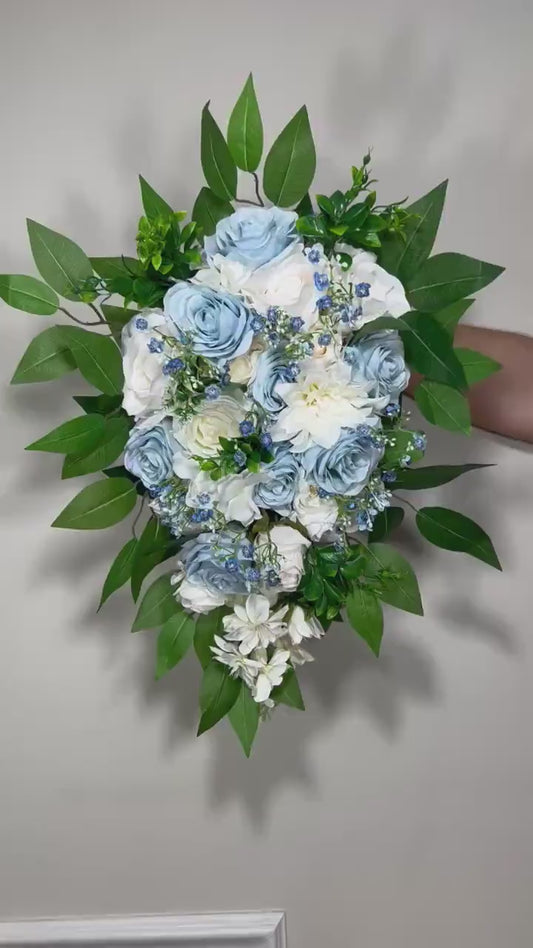 Wedding Bouquet Cascade Blue White Bridesmaids Baby Blue Bridal Cascading Sky Blue Dusty Bouquet Eucalyptus Baby Breath Artificial Flower