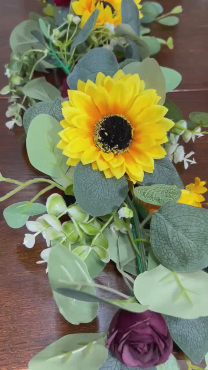 Sunflower Garland Wedding Table Runner Aisle Arrangement Arch Sunflower Burgundy Silver Dollar Sunflower Eucalyptus Garland Greenery