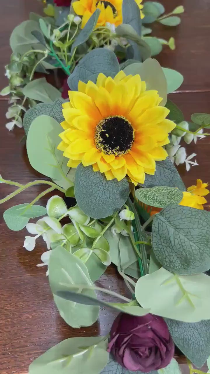 Sunflower Garland Wedding Table Runner Aisle Arrangement Arch Sunflower Burgundy Silver Dollar Sunflower Eucalyptus Garland Greenery