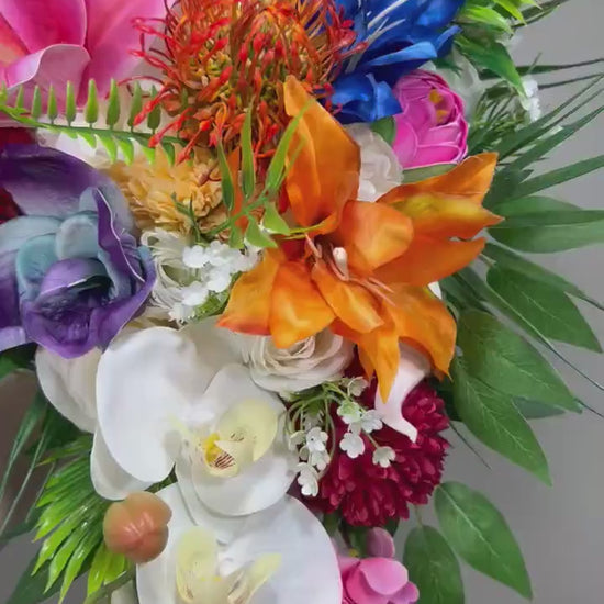 Tropical Bouquet Wedding Fuchsia Orchid Bridesmaids Bouquet Hot Pink Blue Cascade Bouquet Beach White Purple Artificial Flower