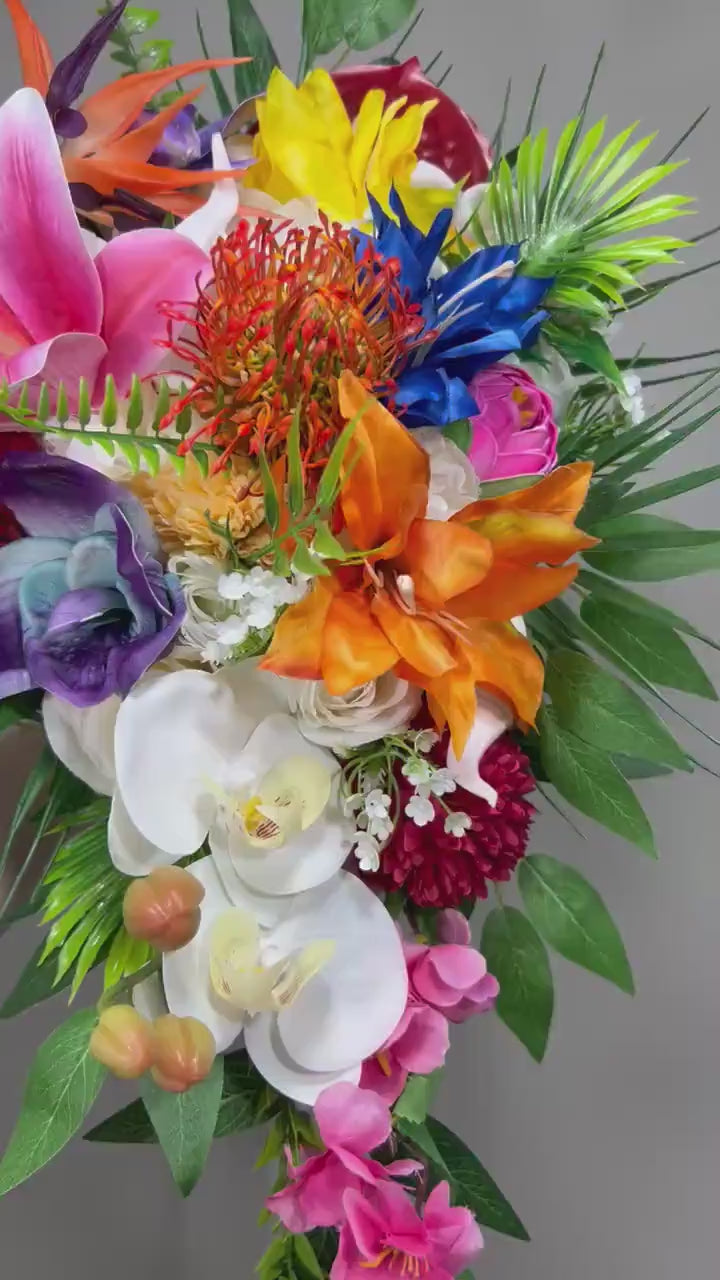 Tropical Bouquet Wedding Fuchsia Orchid Bridesmaids Bouquet Hot Pink Blue Cascade Bouquet Beach White Purple Artificial Flower