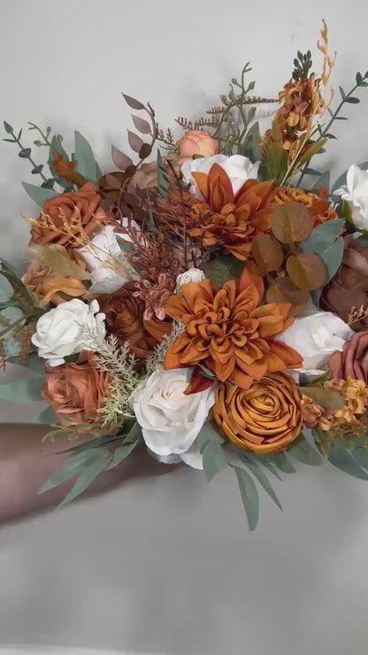 Burnt Orange Ivory Bouquet Bridal Terracotta Wedding White Bridesmaids Bouquet Burnt Orange Brown Bouquet Rust Cinnamon Artificial Flower