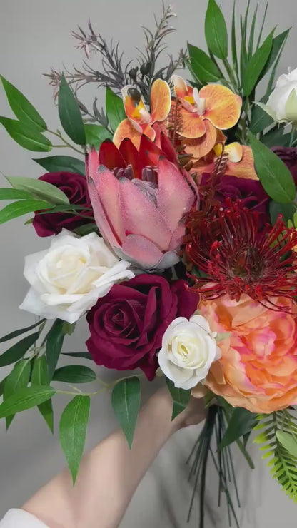 Wedding Bouquet Tropical Bridal White Orchid Bridesmaids Bouquet Protea Burgundy Orange Orchid Protea Ivory Artificial Flower