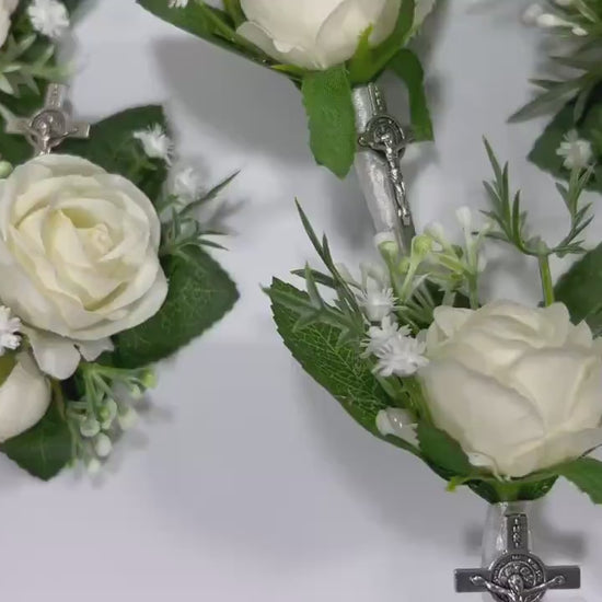Christian Boutonniere With Cross Pin On Corsage Wrist Groom Wedding Groomsmen Boutonnière Ivory White Rose Catholic Wedding
