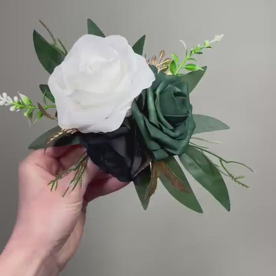 Emerald Green White Cake Flowers, Wedding Black Dark Green Cake Décor, Gold Hunter Green Cake Topper Artificial Flowers