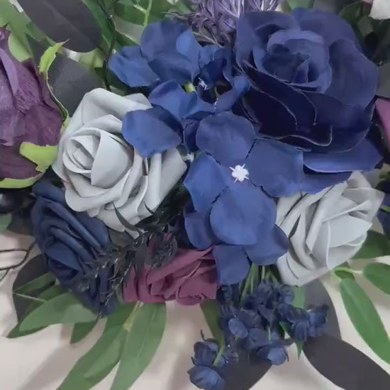 Plum Navy Blue Hoop Wedding Flower Girl Purple Dark Blue Grey Hoop Flower Alternative Bouquet Plum Navy Blue Bridesmaids Hoop Artificial
