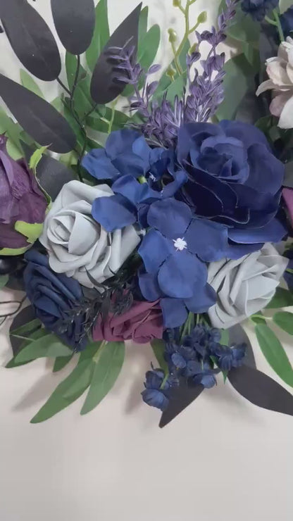 Plum Navy Blue Hoop Wedding Flower Girl Purple Dark Blue Grey Hoop Flower Alternative Bouquet Plum Navy Blue Bridesmaids Hoop Artificial