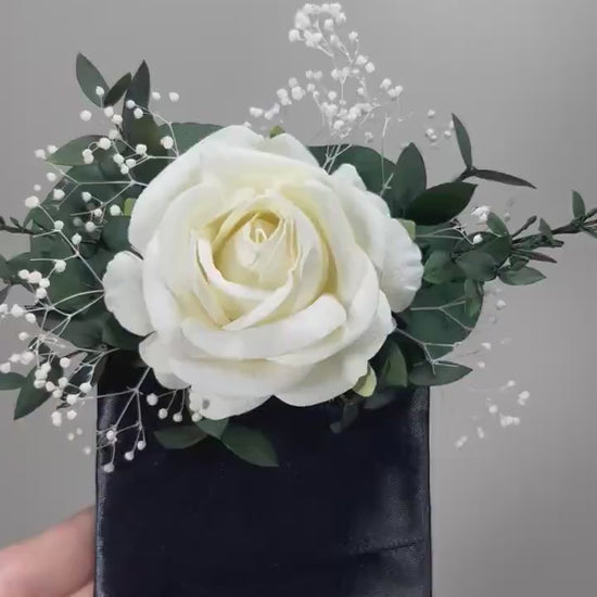 White Pocket Boutonniere Wedding Groom Boutonnière Ivory Square Groomsmen Pocket Boutonniere Baby Breath Eucalyptus Ivory Artificial Flowers