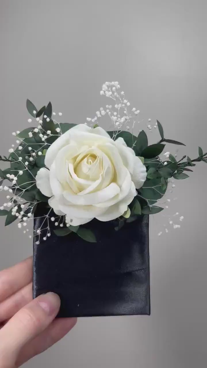 White Pocket Boutonniere Wedding Groom Boutonnière Ivory Square Groomsmen Pocket Boutonniere Baby Breath Eucalyptus Ivory Artificial Flowers