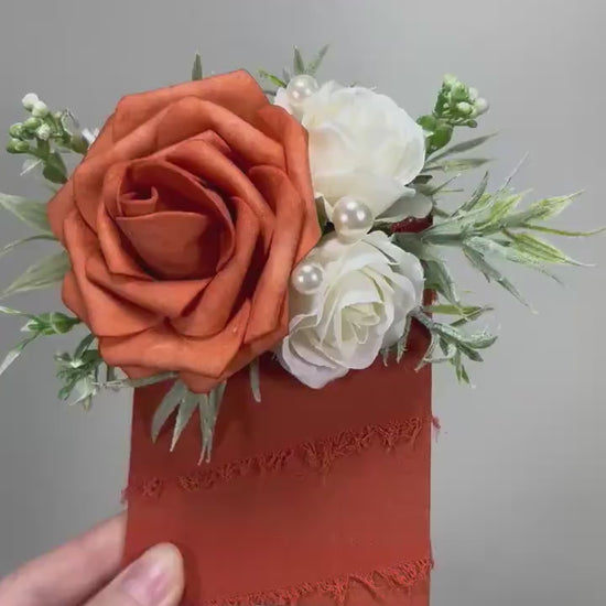 Orange Corsage Wedding Corsage Terracotta Wrust Corsage Rust Wedding Ivory Burnt Orange Corsage Orange White Pearl Artificial Flower