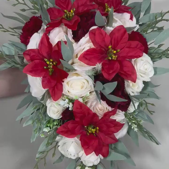 Christmas Bouquet Poinsettias Wedding Bridal Cascading Bouquet White Bridesmaids Bouquet Cascade Red Bouquet Winter Flower Poinsettia