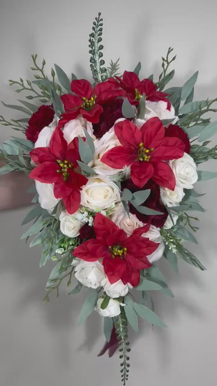 Christmas Bouquet Poinsettias Wedding Bridal Cascading Bouquet White Bridesmaids Bouquet Cascade Red Bouquet Winter Flower Poinsettia
