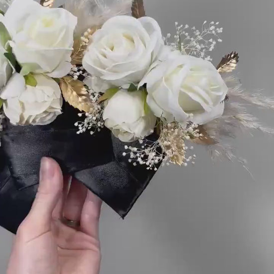 White Pocket Boutonniere Baby Breath Groom Boutonnière Boho White Square Groomsmen Boutonniere Ivory Gold Pampas Grass Artificial Flower