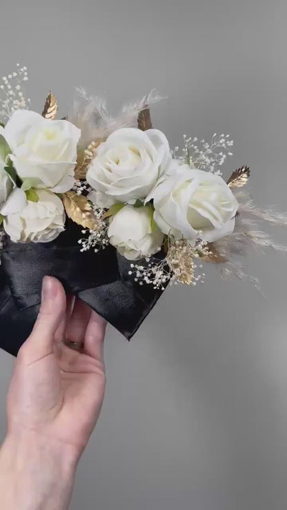 White Pocket Boutonniere Baby Breath Groom Boutonnière Boho White Square Groomsmen Boutonniere Ivory Gold Pampas Grass Artificial Flower