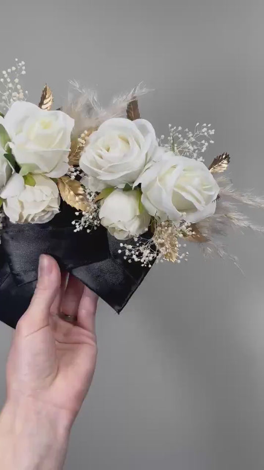 White Pocket Boutonniere Baby Breath Groom Boutonnière Boho White Square Groomsmen Boutonniere Ivory Gold Pampas Grass Artificial Flower