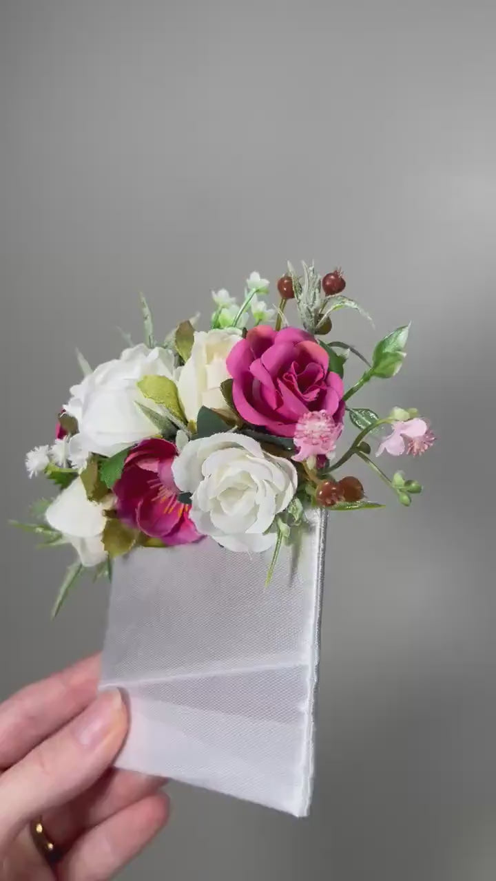 Hot Pink Boutonniere Pocket Wedding White Groom Boutonnière Square Pink Groomsmen Pocket Boutonniere Fuchsia Ivory Rustic Artificial Flower