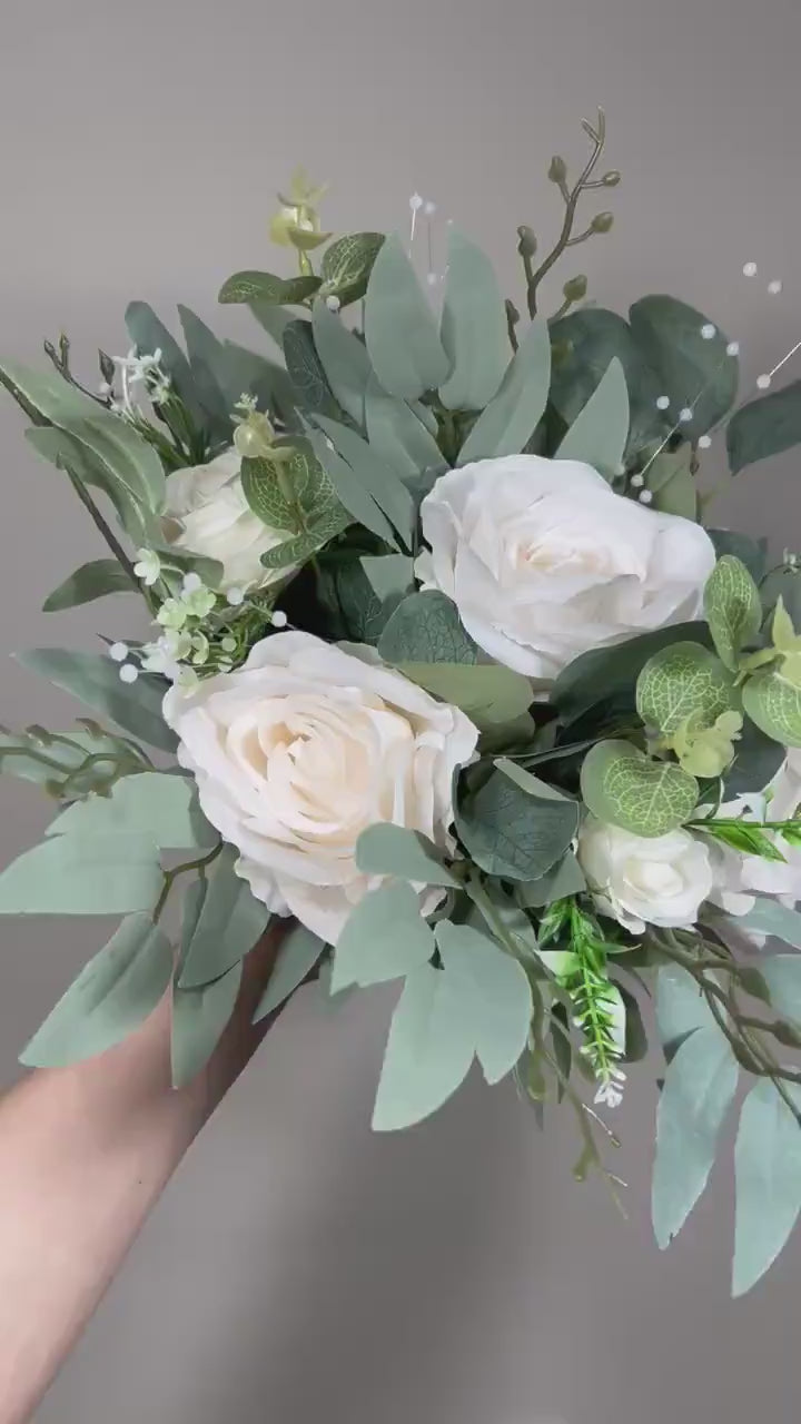 White Bouquet Bridal Wedding Pearls Bridesmaids Ivory Bouquet Greenery Eucalyptus White Artificial Flower