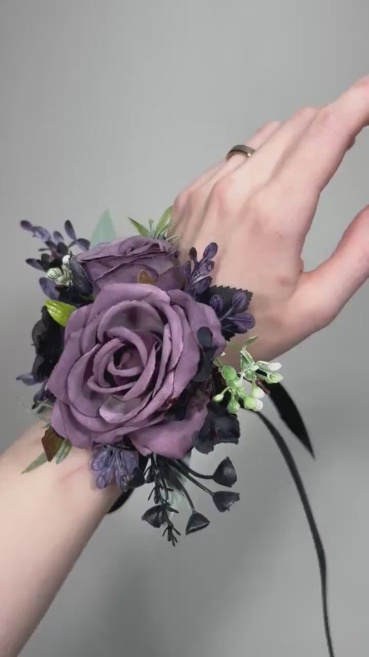 Black Purple Corsage Wedding Gothic Wrist Corsage Bridesmaids Black Plum Corsage Mom Plum Black Dark Purple Corsage Prom Artificial Flower