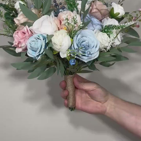 Wedding Bouquet Dusty Blue Bridal Rustic Wedding White Bouquet Wild Flower Dusty Rose Light Blue Sky Eucalyptus Flower Ivory Pink Blue