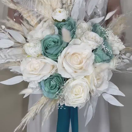 Wedding Teal Bouquet White Boho Bridal Ivory Wedding Teal Bouquet Blue Pampas Grass White Decor Bunny Tails Artificial Flower
